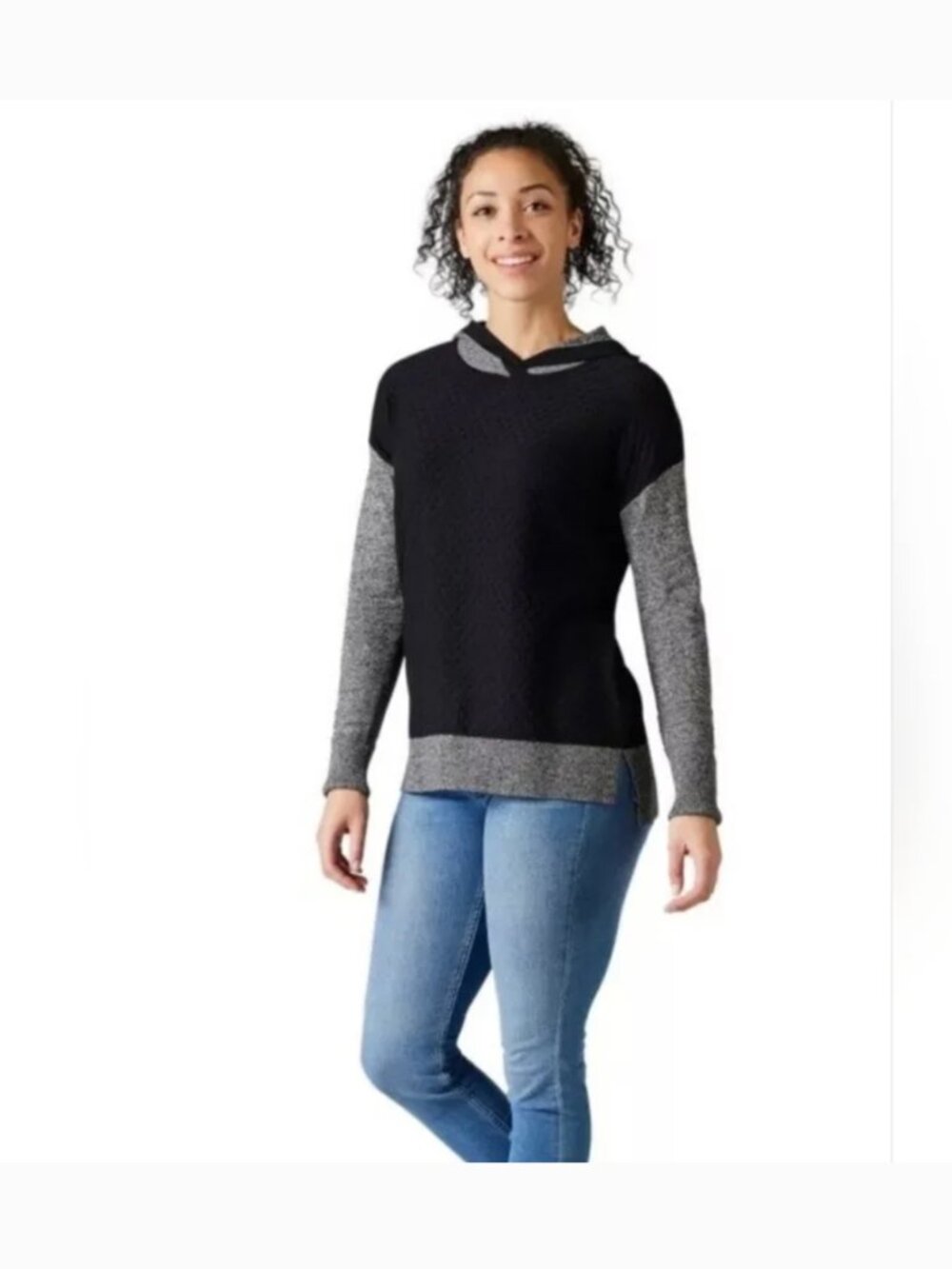 Smartwool Womens Shadow Pine Hoodie Gray Black Merino Wool Knit Sweater Sz S